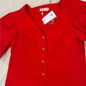 Tory Burch Cotton Puffed Sleeve Tomato Red Women's V-Neck Button Down Shirt 4